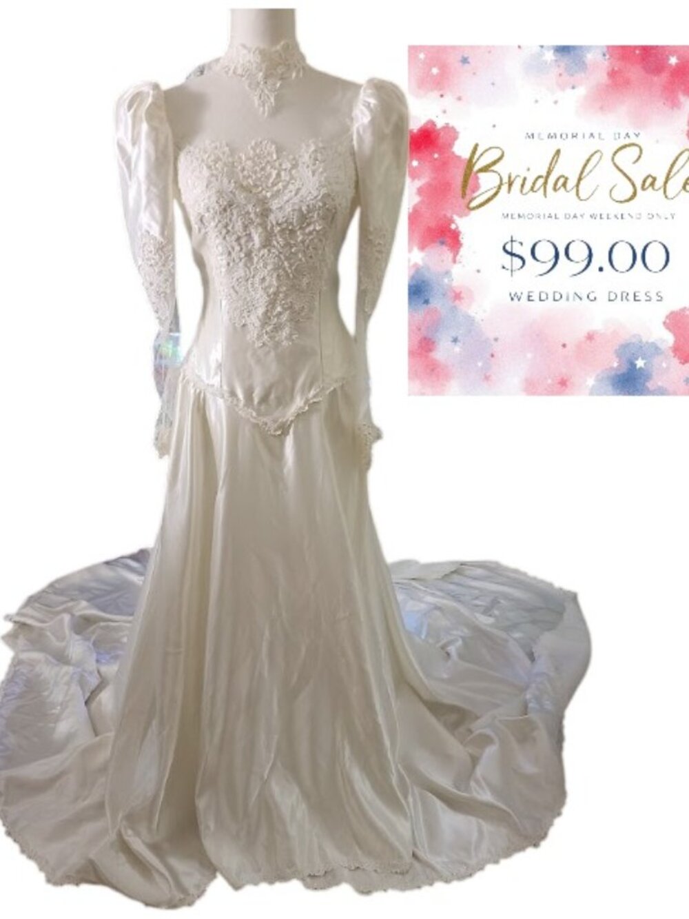 White Renewed Romantic Wedding Dress with Sheer Bishop Sleeves (Issues)